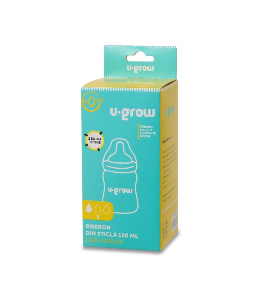 Biberon de sticla 120 ml+2 tetine extra, U-Grow