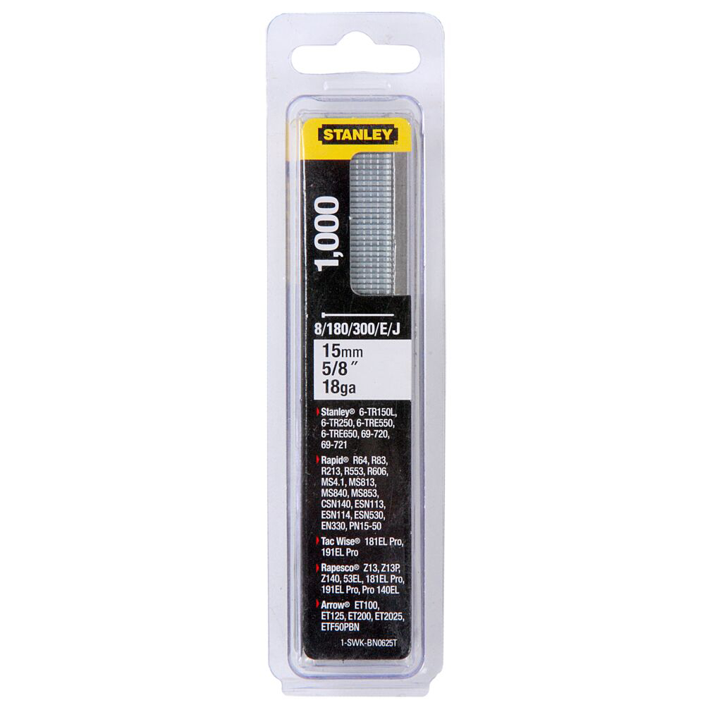 Stanley 1-SWK-BN0625T, Cuie din otel galvanizat, 15mm, 1000 buc tip E/J/8/180/3000, blister