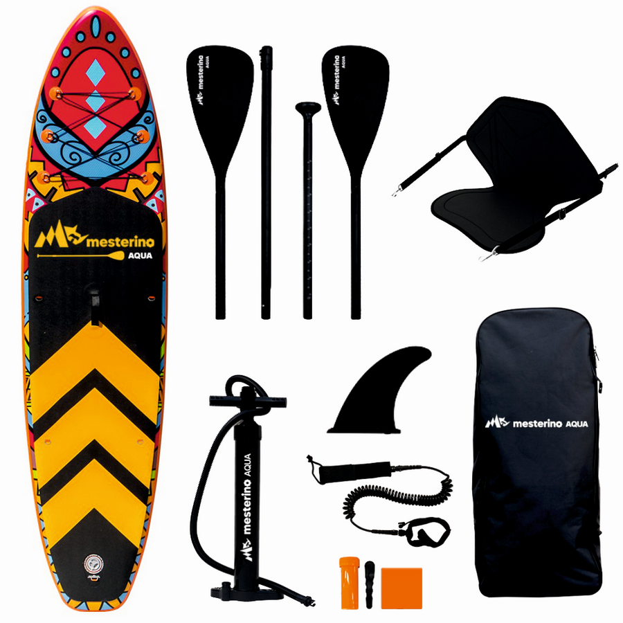 Set placa gonflabila Stand Up Paddle Mesterino Aqua SUP083, 320x81x15cm, geantă de transport, vasla, pompa, scaun, lesa, kit de reparatii, design Tribal