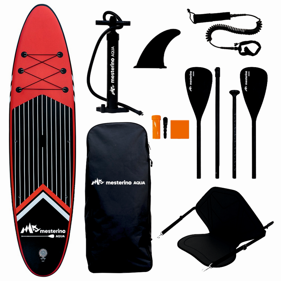 Set placa gonflabila Stand Up Paddle Mesterino Aqua SUP081, 320x81x15cm, geantă de transport, vasla, pompa, scaun, lesa, kit de reparatii, culoare Abstract Negru-Rosu