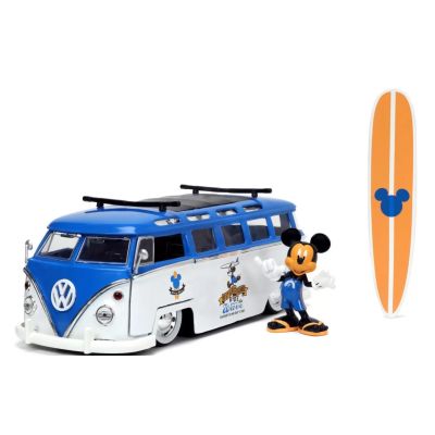 Masina din metal Volkswagen t1 bus scara 1 24 si figurina mickey mouse jada