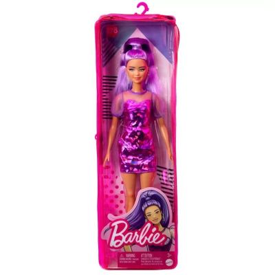 Papusa cu par mov si rochie cu umeri bufanti Barbie Fashionista