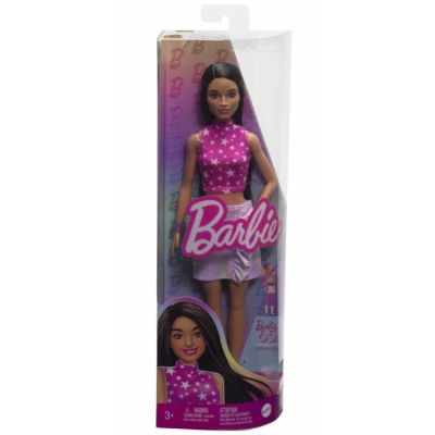 Papusa fashionista bruneta cu top cu stelute Barbie