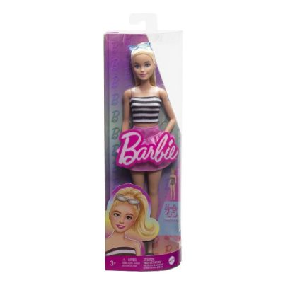 Barbie fashionista blonda cu parul prins in coada si fusta roz Barbie