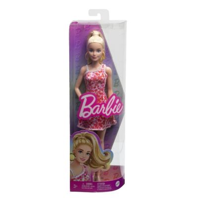 Papusa fashionista blonda cu parul prins in coada si rochie cu floricele Barbie