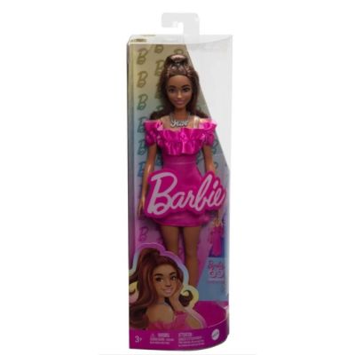 Papusa fashionista satena cu rochie roz Barbie