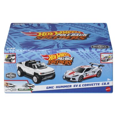 Set 2 masinute metalice pull back GMC Hummer EV si Corvette C8R 1:43 Hot Wheels