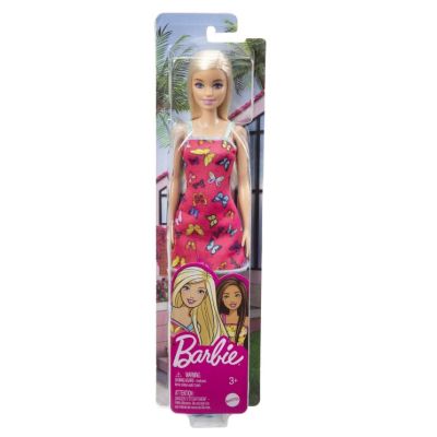 Papusa clasica blonda cu rochita roz cu imprimeu cu fluturi Barbie