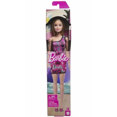 Papusa clasica blonda cu rochita roz cu imprimeu Barbie