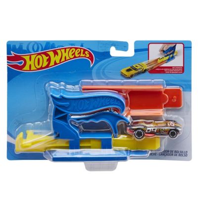 Set lansator portabil albastru si masinuta Hot Wheels