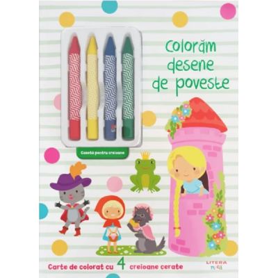 Coloram desene de poveste. Carte de colorat cu 4 creioane cerate