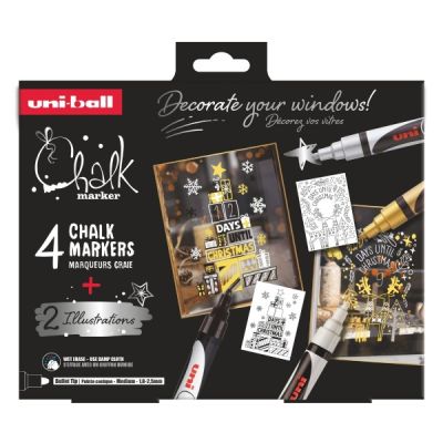 Set 4x Marker cu creta PWE-5M XMAS Scandinavian 1. 8-2. 5 mm  2 sabloane A3 UNI Chalk M1560