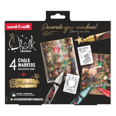 Set 4x Marker cu creta PWE-5M XMAS Traditional 1. 8-2. 5 mm  2 sabloane A3 UNI Chalk M1561