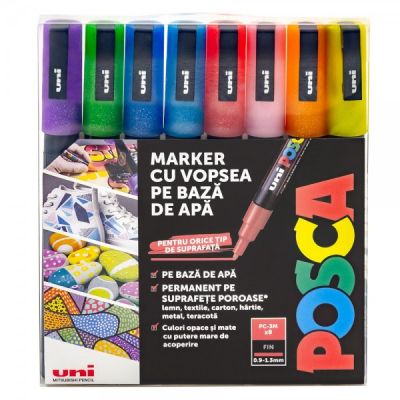 Marker UNI PC-3ML varf rotund 0. 9-1. 3 mm set 8 culori cu sclipici Posca M1514