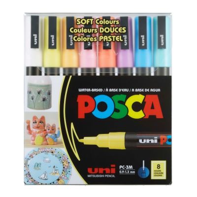 Marker UNI PC-3M varf rotund 0. 9-1. 3mm set 8 culori pastel Posca