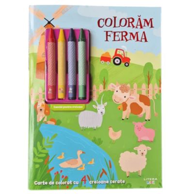 Coloram ferma. Carte de colorat cu 4 creioane cerate