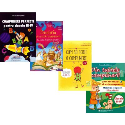 Pachet 4 carti Compunere clasele 3-4 Compuneri perfecte Bucuria de a scrie compuneri Din tainele compunerii Cum sa scrii o compunere - Mitoi Gianina-Maria Marcela Penes Carmen Iordachescu Madalina Florea