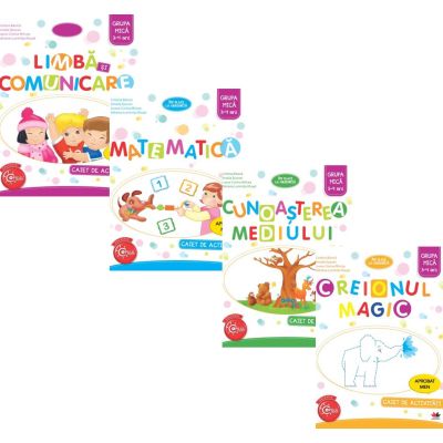 Pachet 4 Caiete de activitati Imi place la gradinitai Grupa mica 3-4 ani Limba si comunicare Matematica Cunoasterea mediului si Creionul magic - Cristina Banica