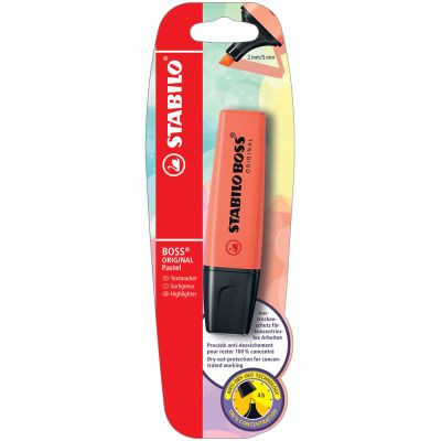Textmarker Stabilo Boss Original corp plastic in culoarea cernelei varf retezat 2-5 mm rosu coral blister