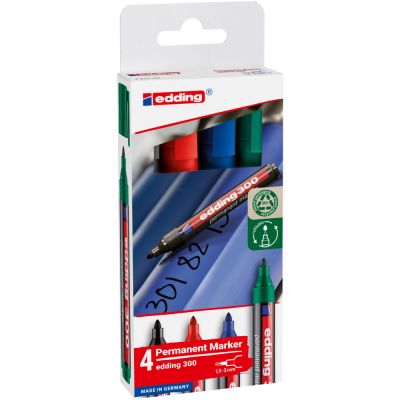 Marker permanent Edding 300 set 4 culori corp plastic varf rotund 1. 5 - 3 mm negru rosu albastru verde