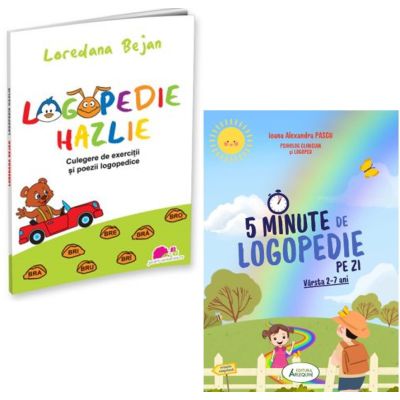 Pachet 2 titluri Logopedie hazlie. Culegere de exercitii si poezii logopedice si 5 Minute de Logopedie pe zi Exercitii zilnice pentru dezvoltarea limbajului copiilor - Loredana Bejan Ioana Alexandra Pascu