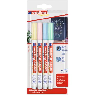 Marker Edding 4085 cu creta lichida varf rotund 1-2 mm alb 4 culori pastel blister