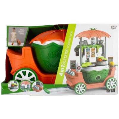 Set de joaca 4 in 1 - bucatarie utilata - accesorii diverse cu maner pe roti verde-portocaliu MegaCreative 460502 3 ani