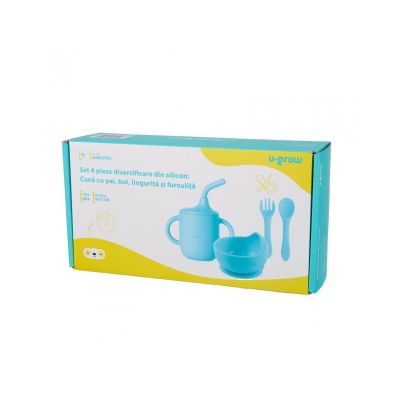 Set 4 piese diversificate din silicon. Cana cu pai bol lingurita si furculita blue U-Grow