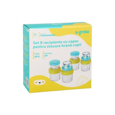 Set 8 recipiente cu capac pentru stocare hrana copii 4x80ml  4x220ml U-Grow