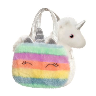 Set geanta pentru copii cu jucarie de plus Fancy Pals, 2 in 1, unicorn alb, geanta multicolorata, 20 cm