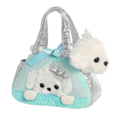 Set geanta pentru copii cu jucarie de plus Fancy Pals, 2 in 1, catel alb, geanta multicolora, 20 cm