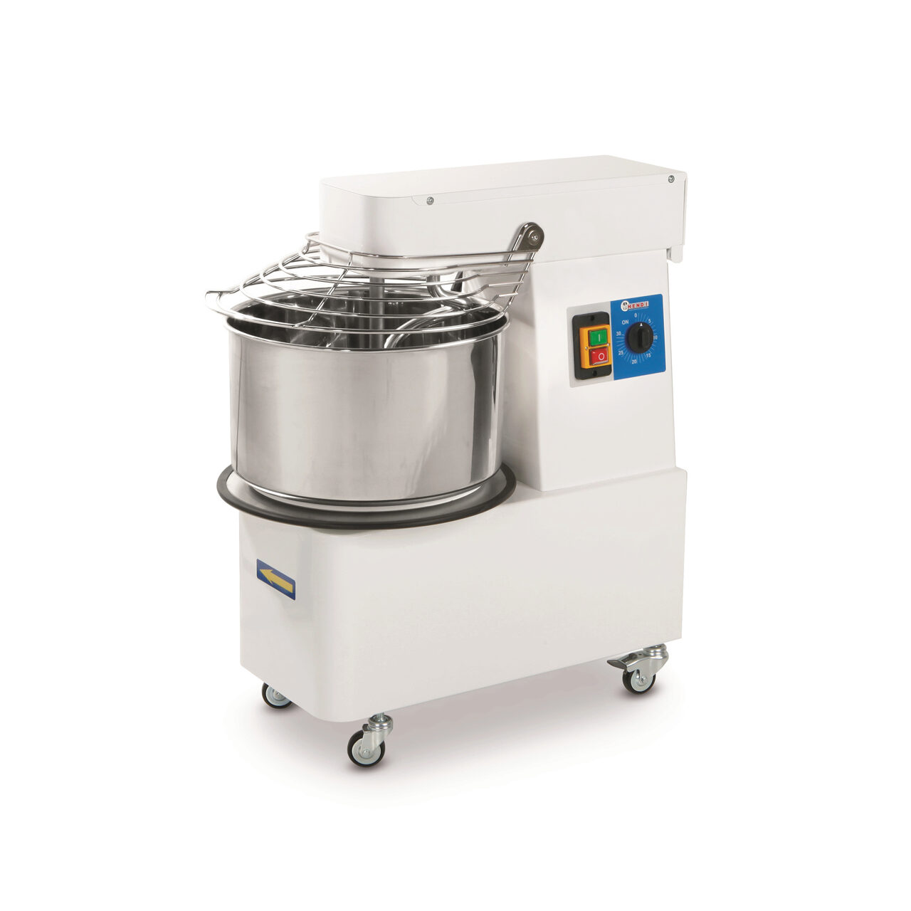 Mixer profesional spirala cu vas fix, 1 viteza, echipat cu roti pivotante vas, capac si spirala din inox 18/10 Hendi 32 litri, 1100W, capacitate maxima incarcare 25 kg, 424x735x(H)805 mm