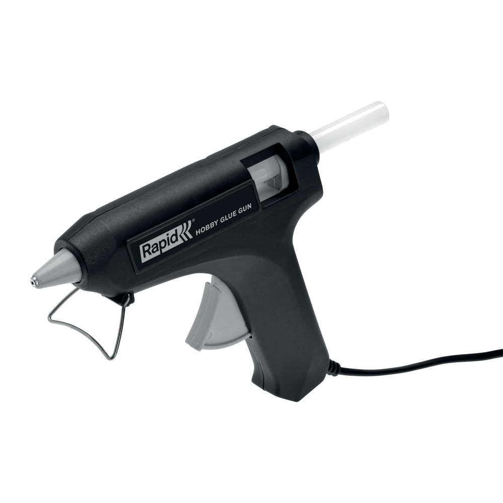 Rapid 24928000, Pistol de lipit GlueGun Hobby, negru, max 72W, debit 125g/h, 150 - 200°C, include 6 batoane, functional cu batoane de 12 mm