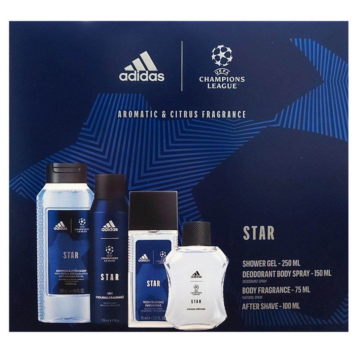 ADIDAS MEN UEFA STAR AS100ML+DEO SPRAY150ML+SG250ML+DNS75ML SET CADOU