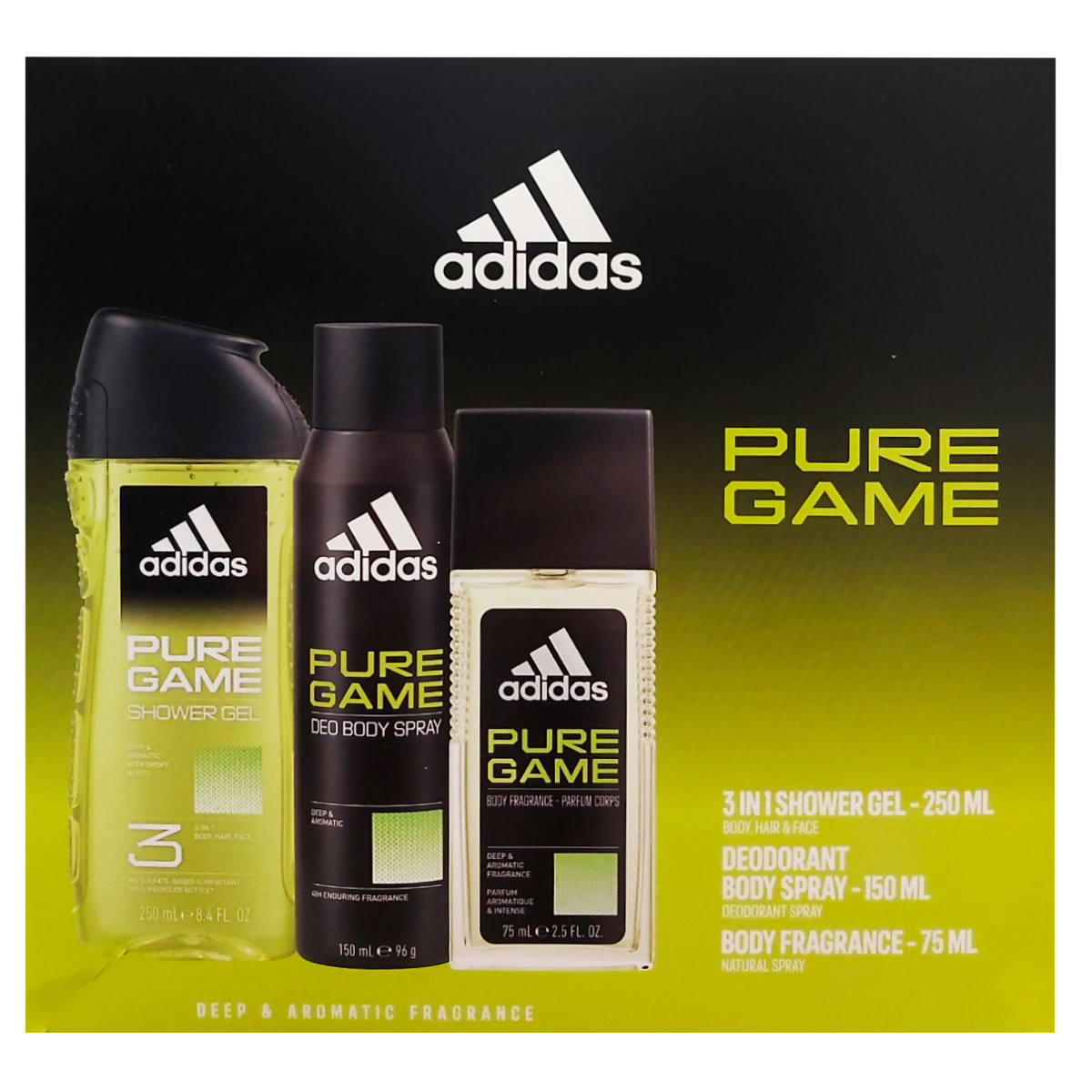 ADIDAS MEN PURE GAME DEO SPRAY150ML+SG250ML+DNS75ML SET CADOU