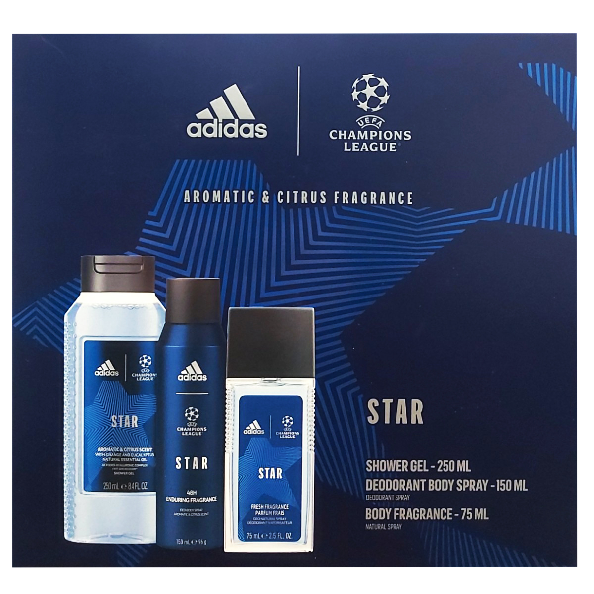 ADIDAS MEN UEFA STAR DEO SPRAY150ML+SG250ML+DNS75ML SET CADOU