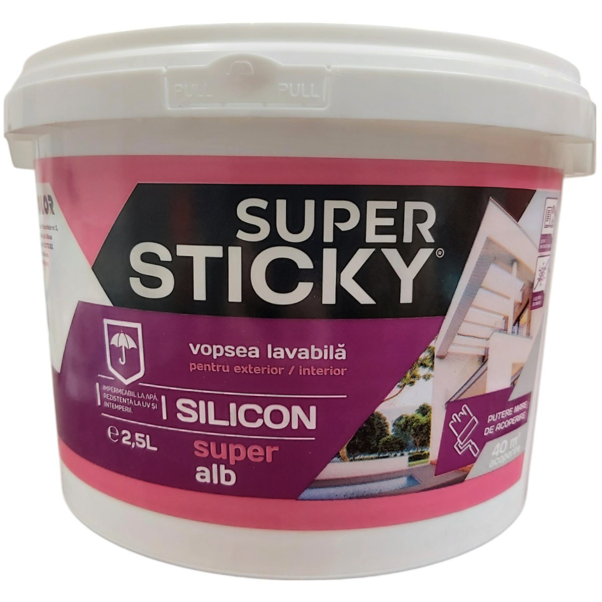 SUPER STICKY VOPSEA LAVABILA EXTERIOR/INTERIOR ALB CU SILICON 2.5L