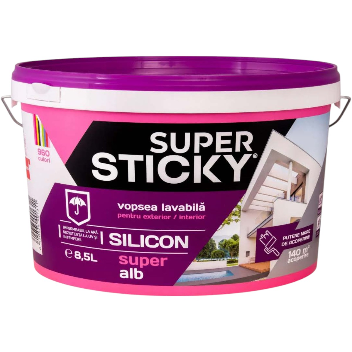 SUPER STICKY VOPSEA LAVABILA EXTERIOR/INTERIOR ALB CU SILICON 8.5L