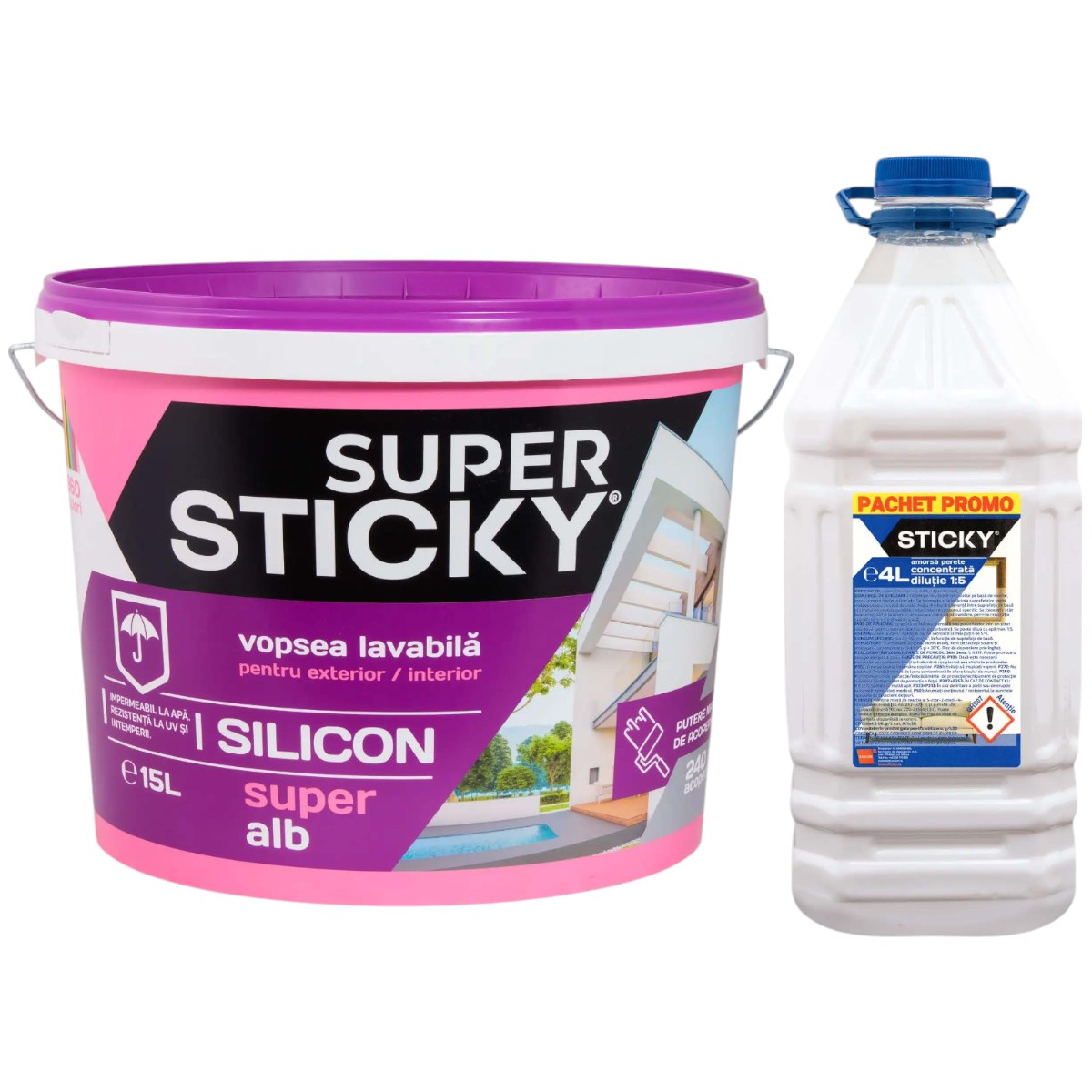 SUPER STICKY VOPSEA LAVABILA CU SILICON 15L +AMORSA 4L