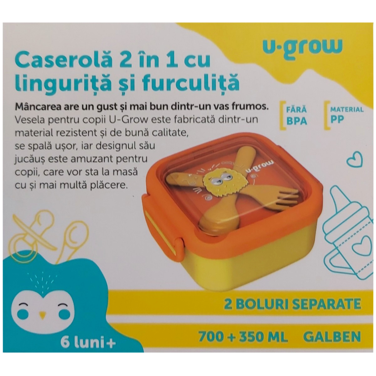 U-GROW CASEROLA 2IN1 700ML+350ML+LINGURITA SI FURCULITA GALBEN A-1415YE