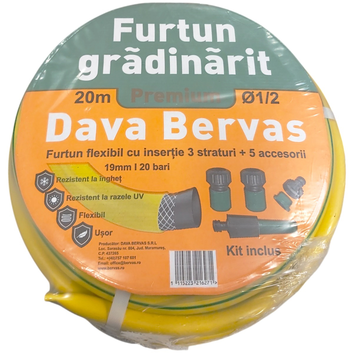 FURTUN PVC GALBEN CU INSERTIE +5 ACCESORII 1/2 20M 181