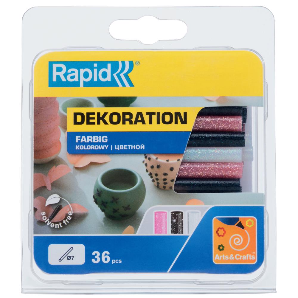 Rapid 5001423, set 36 batoane de adeziv, decoratii, colorate, cu sclipici, 7 x 90 mm