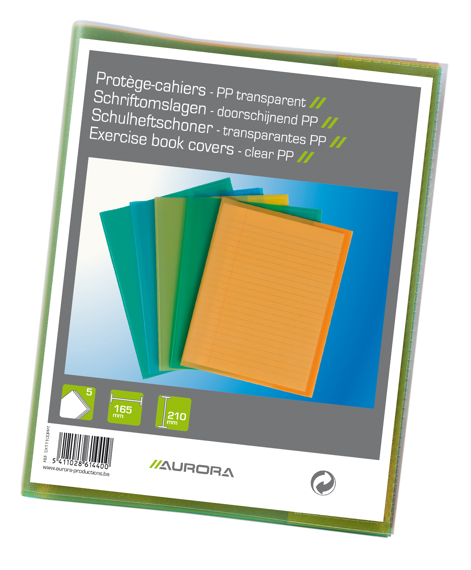 Coperta PP - 120 microni, pentru caiet A5, 5 buc/set, AURORA - transparent color asortate