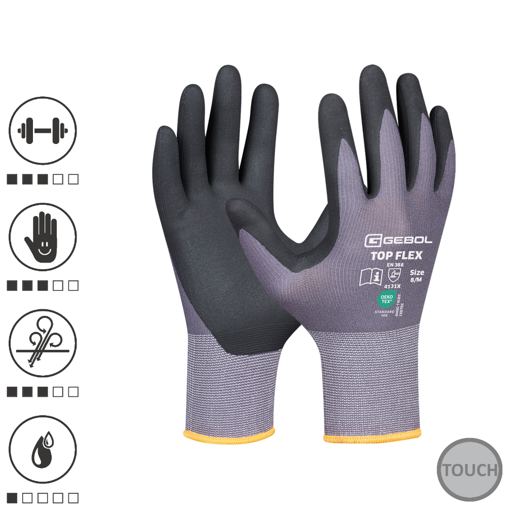 Gebol 709534_10, Manusi de protectie Top Flex, din nylon si elastan, acoperire din spuma de nitril, uz profesional, marimea 10/XL