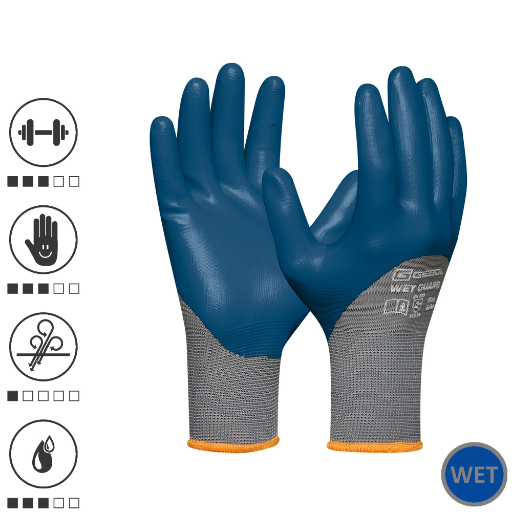 Gebol 729513_11, Manusi de protectie Wet Guard Blue, din poliester, acoperire cu spuma de nitril, rezistente la ulei si apa, uz profesional, marimea 11/XXL