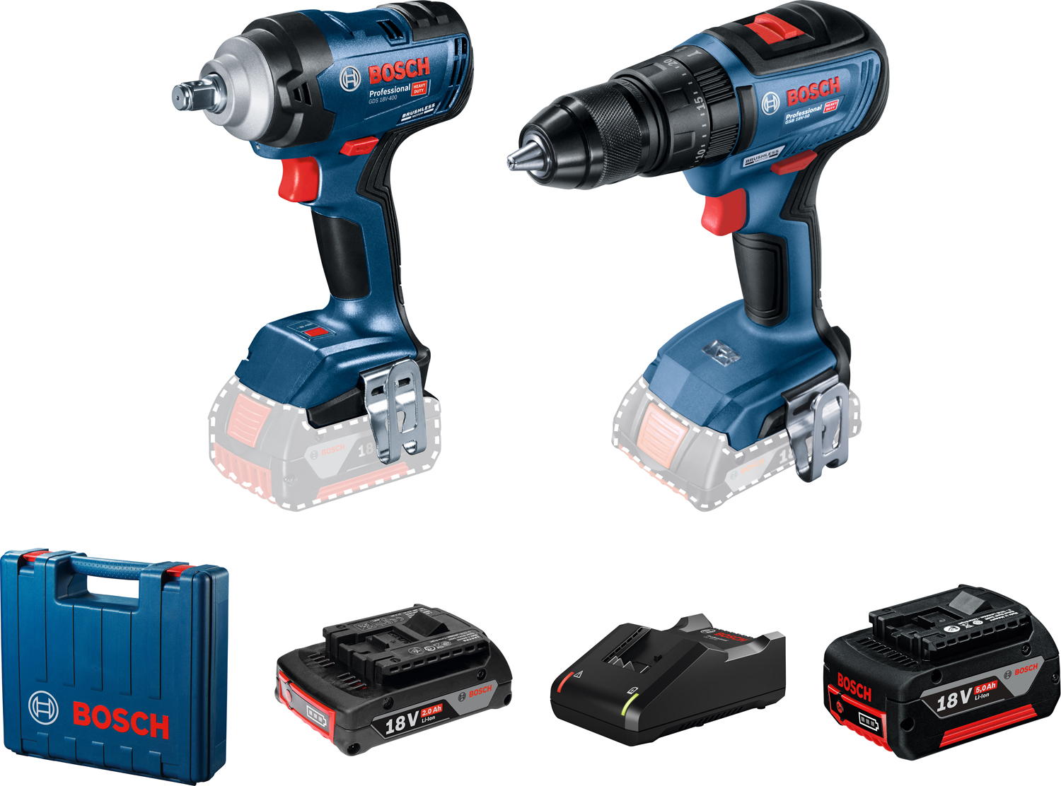 Bosch GDS 18V-400 Surubelnita cu impact brushless 18V + 2 acumulatori Li-Ion, 2Ah si 5Ah, 400Nm + Valiza + GSB 18V-50 Masina de gaurit cu percutie brushless, Li-Ion, 50Nm