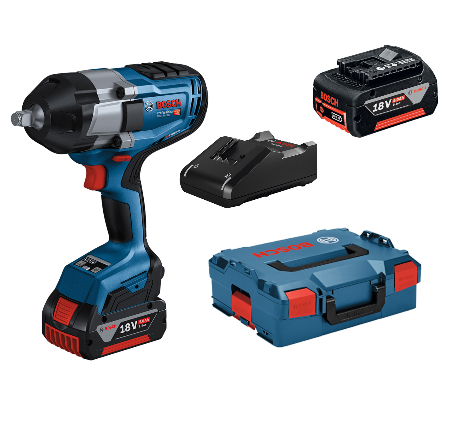 Bosch GDS 18V-1000 Surubelnita cu impact pe acumulator, 1000Nm + 2 x acumulatori  GBA 18V 5.0Ah + incarcator rapid GAL 18V-40 + L-BOXX