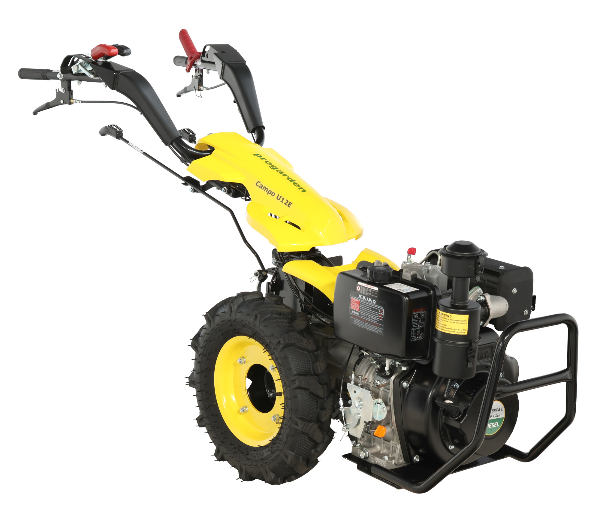 ProGARDEN Campo U12E motocultor multifunctional 12CP, diesel, pornire electrica, 3+2 viteze, reductor + FT90 freza tractata 900mm + BC12M bara cosire mobila 120cm