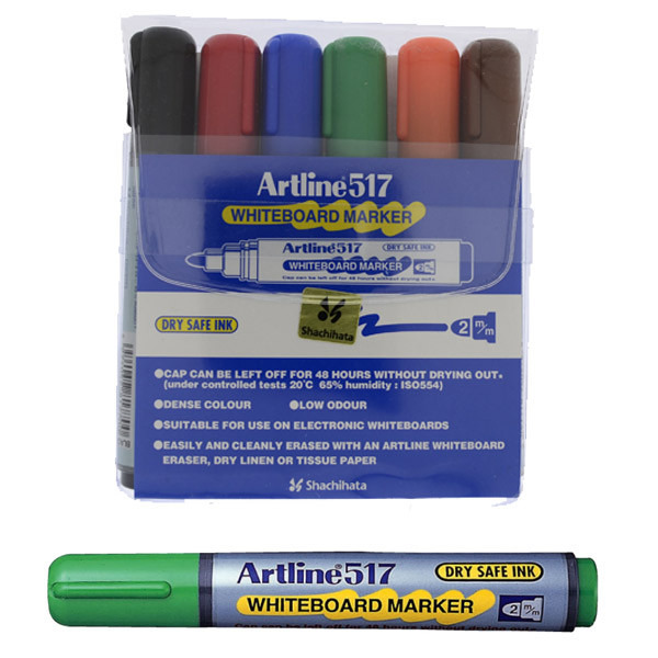 Marker pentru tabla de scris ARTLINE 517 - Dry safe ink 48h, varf rotund 2.0mm, 6 culori/set