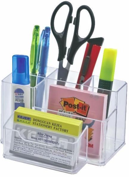 Suport plastic pentru accesorii de birou, 6 compartimente, 105 x 85mm, KEJEA - transparent